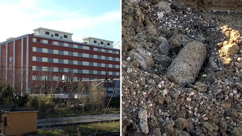 A sinistra il Magazzino 57, a destra l'ordigno bellico