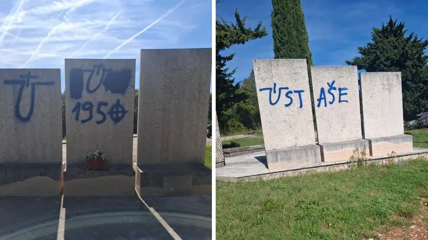 Il monumento ai partigiani di Barbana, imbrattato con scritte ustascia