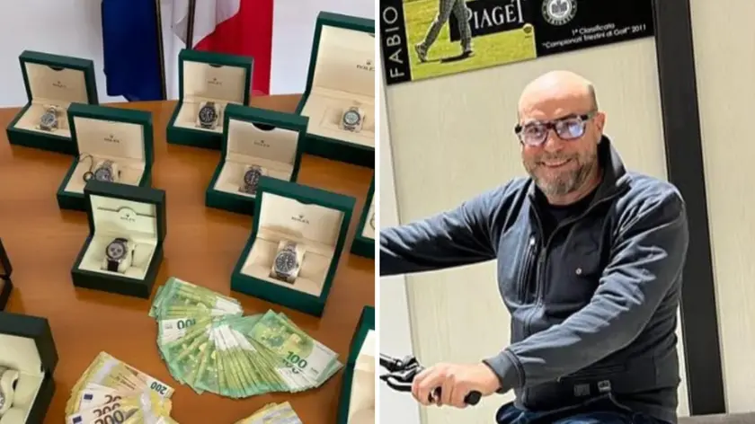 A sinistra i quattordici Rolex posti sotto sequestro, a destra Fabio Samsa