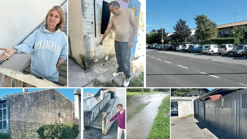 Tre inquilini indicano ciò che non va, una facciata esterna ricoperta di muffa, il sentiero interno allagato durante la pioggia e la tettoia “fai da te” anti-allagamenti. In alto a destra, nella foto di Katia Bonaventura, il parcheggio “full"