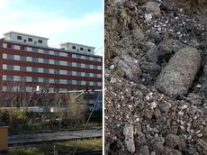 A sinistra il Magazzino 57, a destra l'ordigno bellico