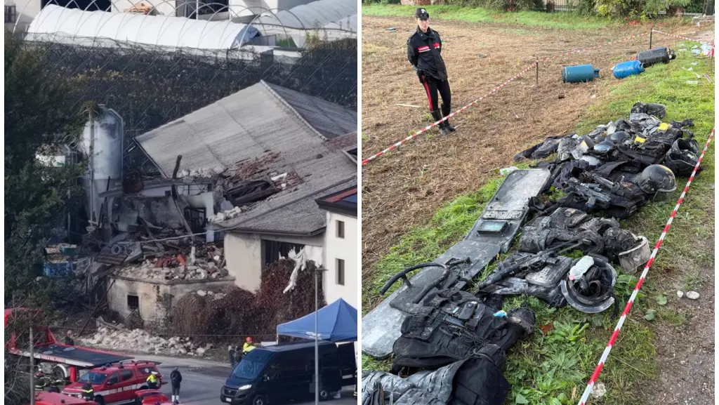 La casa colonica dell'esplosione vista dall'alto. A destra le bombole e a terra le dotazioni delle forze dell'ordine
