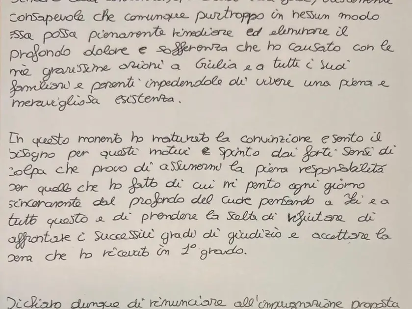 La lettera con cui Filippo Turetta ha rinunciato all'appello
