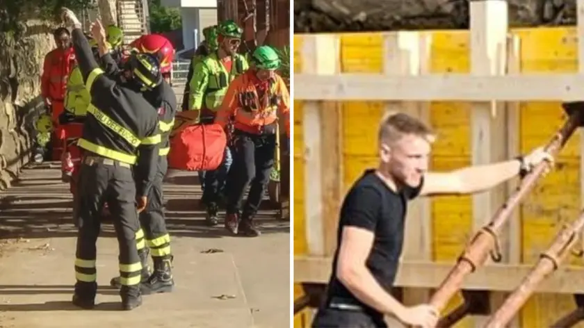 A sinistra i Vigili del fuoco sul luogo dell'incidente, a destra Andrea Misson