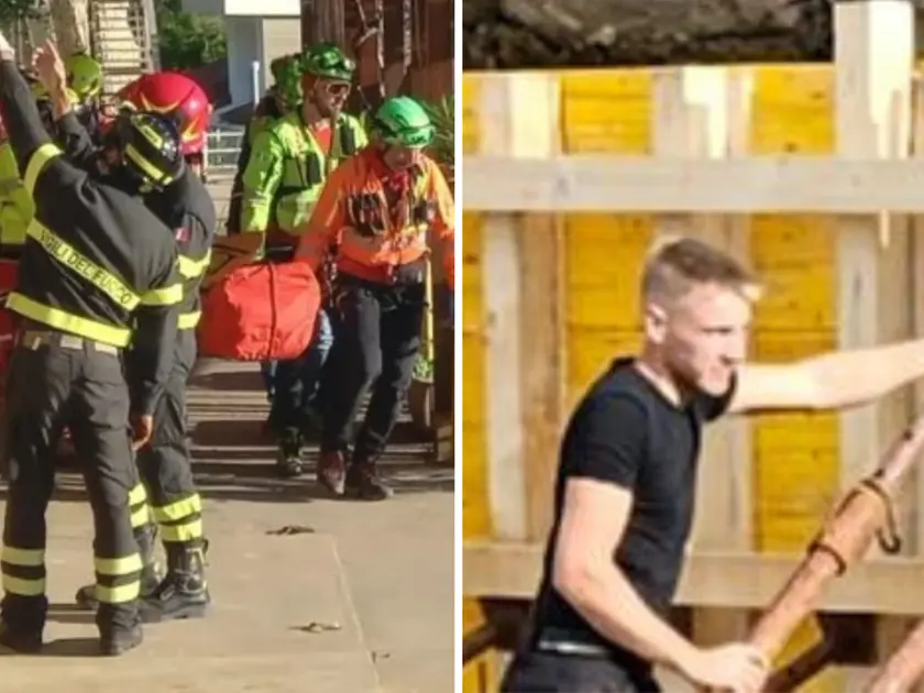 A sinistra i Vigili del fuoco sul luogo dell'incidente, a destra Andrea Misson