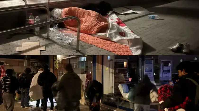 In alto un migrante che riposa nei pressi della stazione e alcuni dei richiedenti asilo invitati ad andare via dal porticato di Selva Arredamenti nelle immagini postate da Cisint