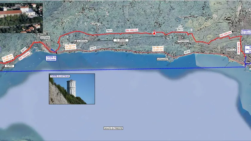 In rosso l’ipotetico tragitto della futura “Dorsale carsica” dell’acquedotto di AcegasApsAmga. In blu l’attuale condotta sottomarina e in rosa quella costiera realizzata nel 1927 Elaborazione grafica AcegasApsAmg