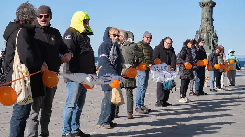 La manifestazione contro l’antenna di Visogliano in piazza Unità durante la riunione in Prefettura Foto Silvano