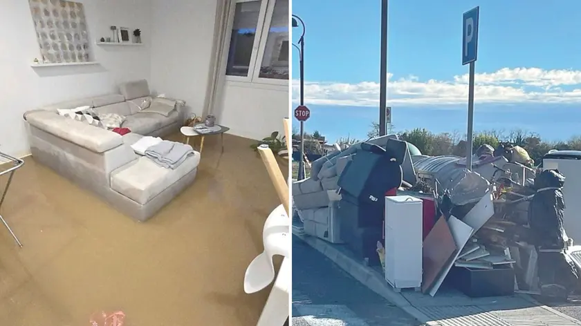 Da sinistra, un salotto allagato a Sottoselva; a destra, rifiuti a Sottoselva