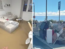 Da sinistra, un salotto allagato a Sottoselva; a destra, rifiuti a Sottoselva