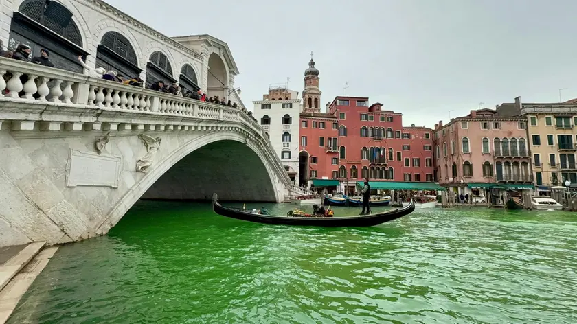 L'acqua verde sul Canal Grande a Venezia (foto Marta Buso/Interpress)