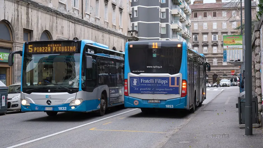 Autobus delle linee 5 e 11 si incrociano in piazza Ospedale dov’è avvenuta l’aggressione Foto Silvano