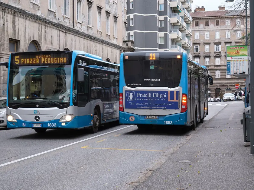 Autobus delle linee 5 e 11 si incrociano in piazza Ospedale dov’è avvenuta l’aggressione Foto Silvano