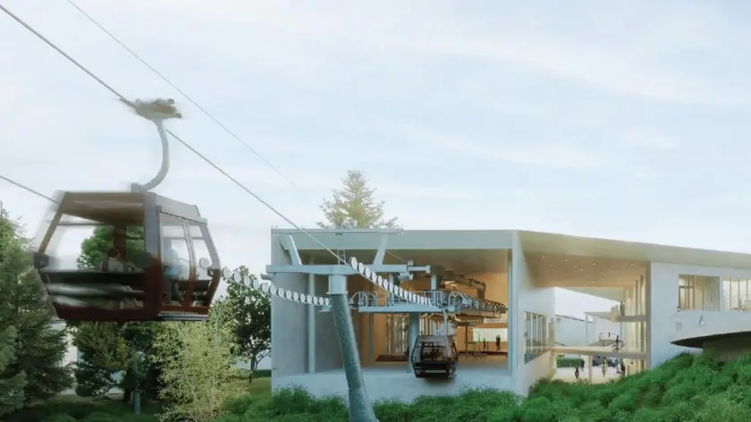 Un render della cabinovia con la cabina in partenza dalla una delle quattro stazioni previste