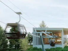 Un render della cabinovia con la cabina in partenza dalla una delle quattro stazioni previste