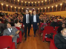 L'ingresso di Alberto Stefani con Paolo Possamai ai teatro Verdi di Padova per l'incontro promosso da Nem