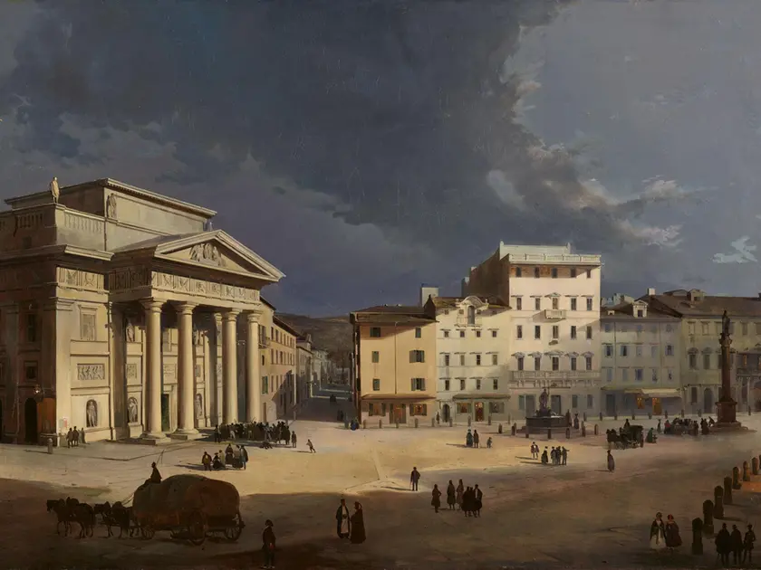 L’olio su tela “Piazza della Borsa a Trieste al chiaro di luna” del pittore bellunese Ippolito Caffi
