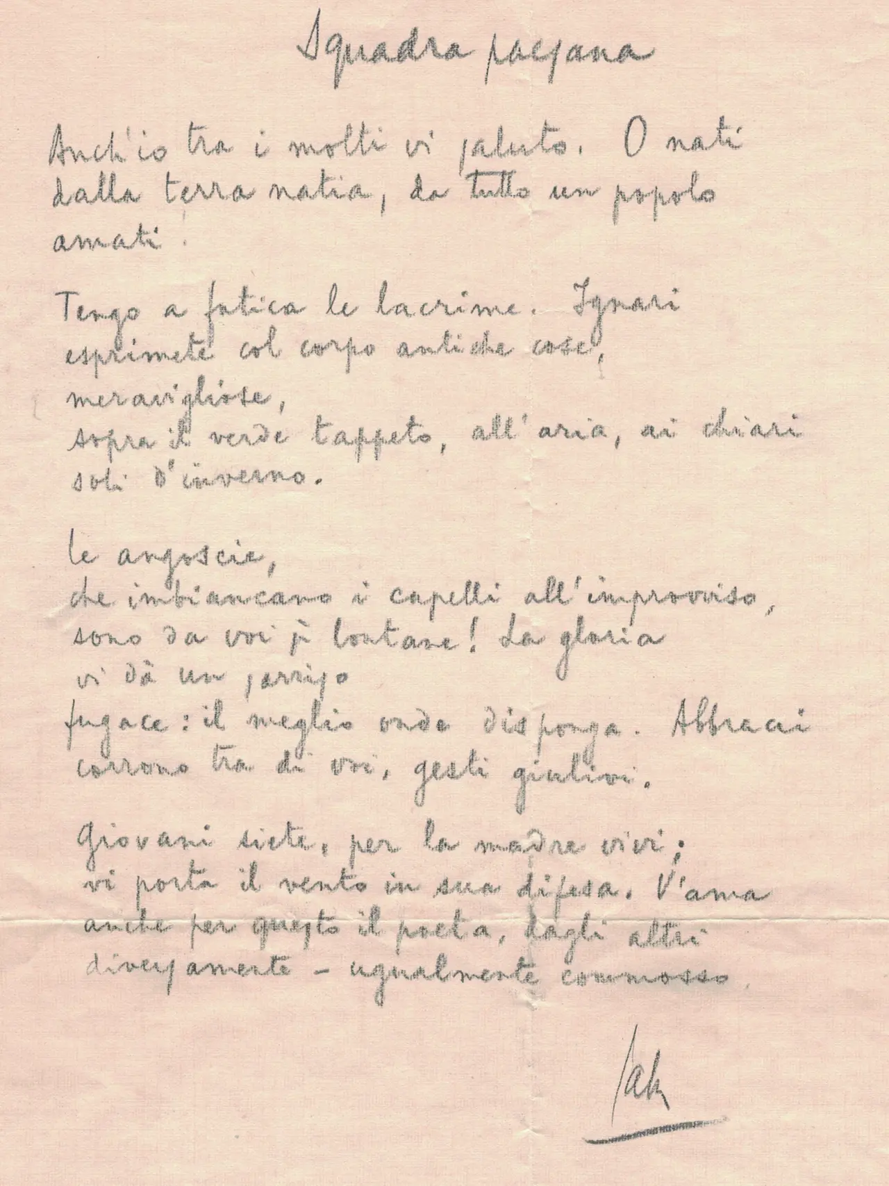 La prima stesura della poesia dedicata alla Triestina,“Squadra paesana”