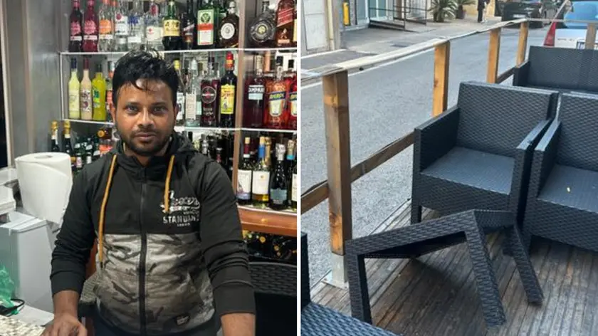 A sinistra Mohammed Palash, titolare del bar Alla Carrozza, a destra il danneggiamento da lui subìto