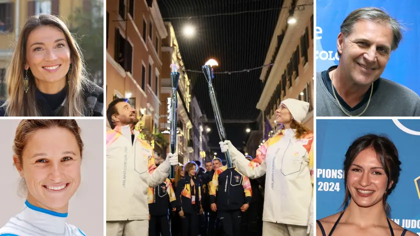 I tedofori di Trieste e, al centro, Christian De Sica e Elisa Santoni a Roma