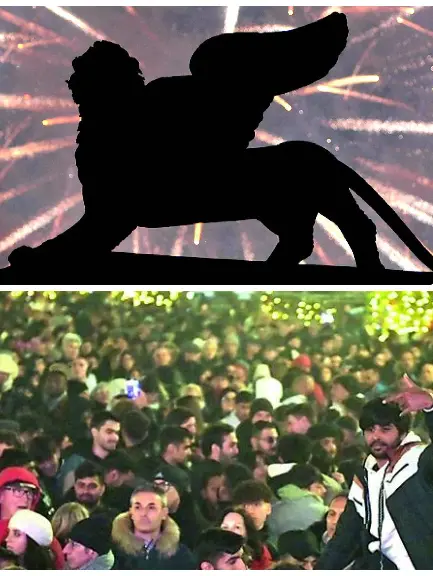 Capodanno a Nord Est, dall'alto a sinistra in senso orario i fuochi d'artificio a Venezia, lo spettacolo con i droni in Prato dalla Valle a Padova, il colle del castello di Udine illuminato dallo spettacolo pirotecnico e la folla in piazza Unità a Trieste