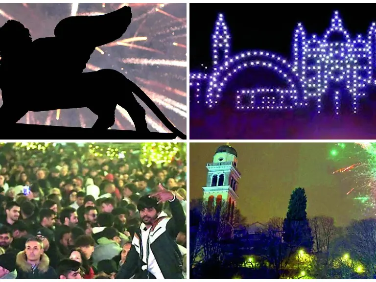 Capodanno a Nord Est, dall'alto a sinistra in senso orario i fuochi d'artificio a Venezia, lo spettacolo con i droni in Prato dalla Valle a Padova, il colle del castello di Udine illuminato dallo spettacolo pirotecnico e la folla in piazza Unità a Trieste