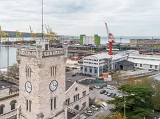 La torre del Lloyd con alle spalle le gru e i container del porto