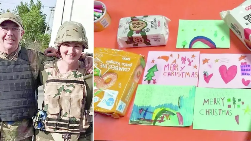 Enzo Uliana e la moglie Zoriana Khushni in partenza per l’Ucraina, vicino i disegni e i doni dei bambini