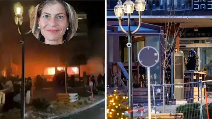 Il luogo della tragedia a Crans Montana e nel riquadro la donna bellunese ferita: Alessandra Galli De Min