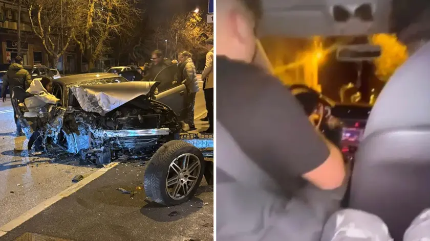 L’auto distrutta in viale Miramare e, a destra, un fermo immagine del video prima dello schianto