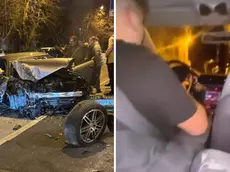 L’auto distrutta in viale Miramare e, a destra, un fermo immagine del video prima dello schianto