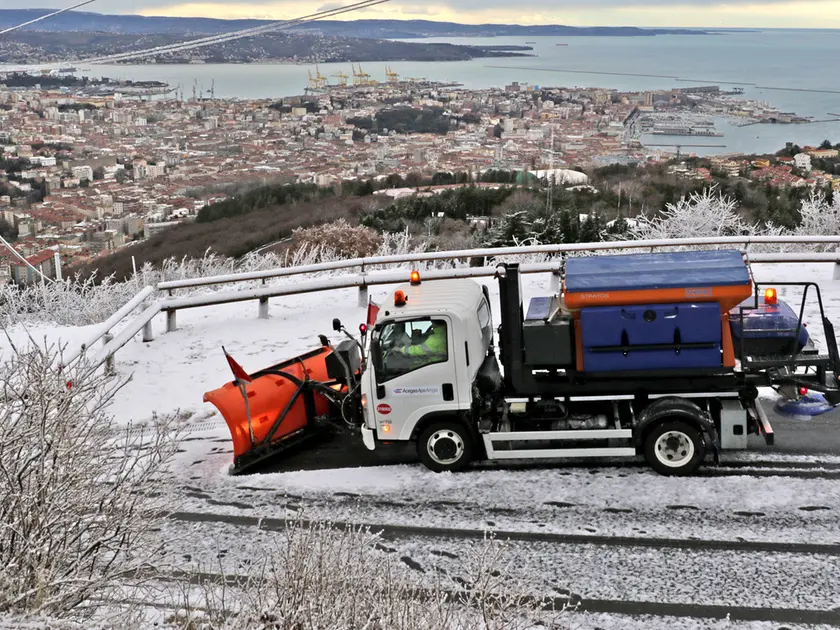 Un mezzo spazzaneve in azione alcuni anni fa a Opicina durante una nevicata (foto Lasorte)