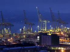 Una veduta serale del Molo VII gestito da Trieste Marine Terminal con una delle due nuove gru illuminate foto Lasorte
