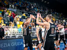 L’esultanza dei giocatori di Trieste al termine del match vinto contro Gran Canaria (foto Bcl)