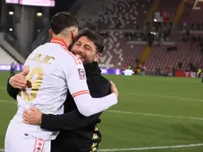 L’esultanza dopo la vittoria contro il Lumezzane (foto Lasorte)