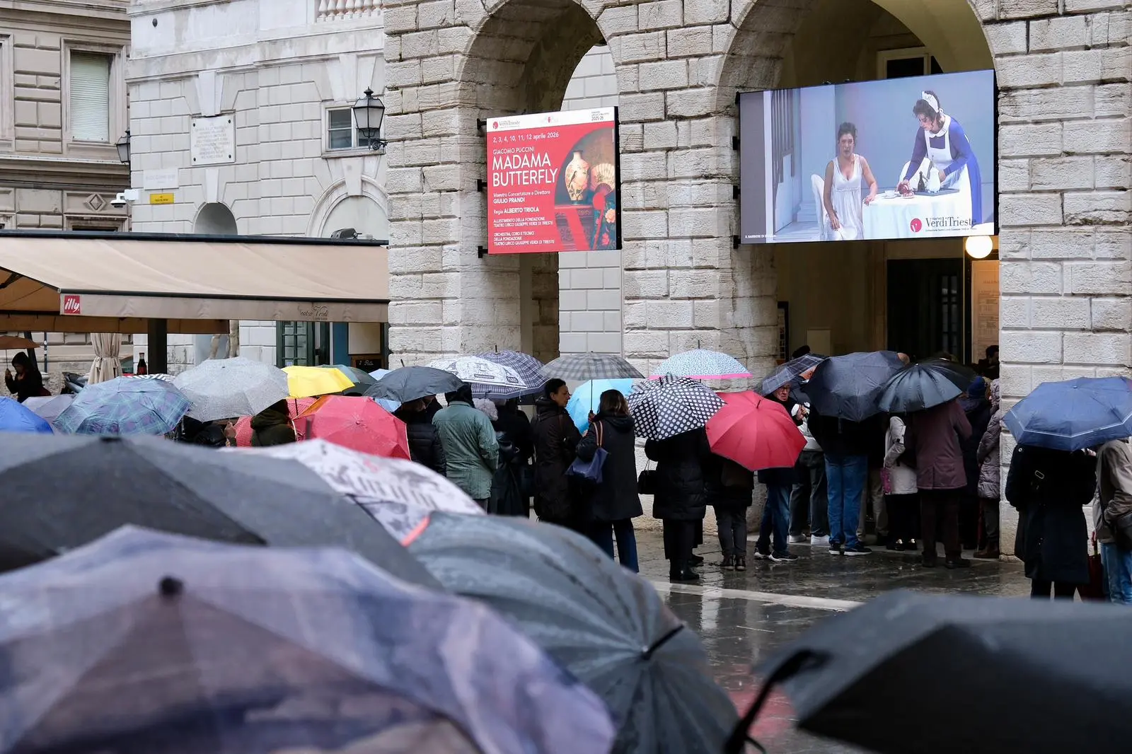 In fila con l'ombrello per la lezione di storia di domenica 25 gennaio al teatro Verdi di Trieste. Foto Silvano