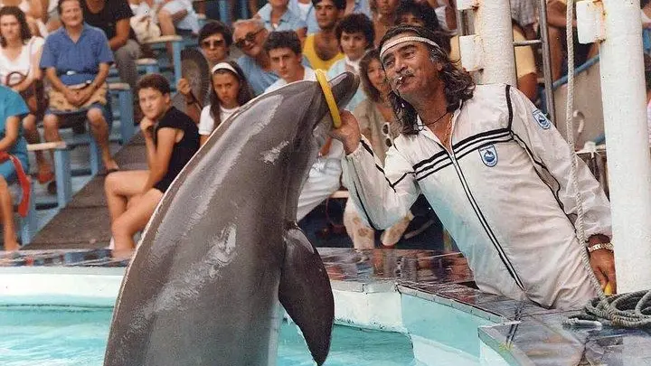 Franco Carini in una foto storica con i suoi delfini
