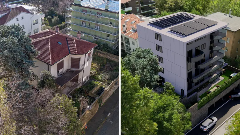 A sinistra la villetta che sarà demolita (foto Silvano), a destra il rendering del nuovo palazzo