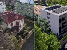 A sinistra la villetta che sarà demolita (foto Silvano), a destra il rendering del nuovo palazzo