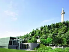 Un render della cabinovia sotto il Faro della Vittoria