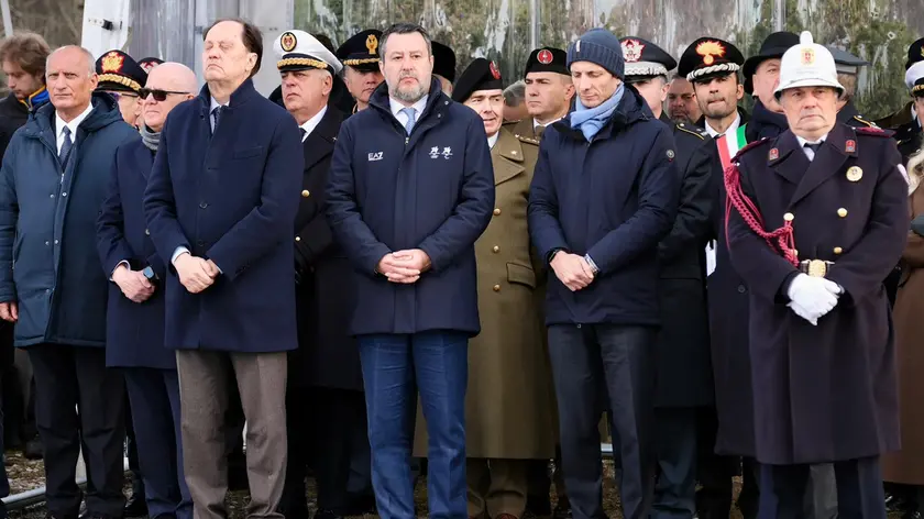 In primo piano, da sinistra, Ciriani, Fedriga e Salvini alla cerimonia di Basovizza. Foto servizio di Massimo Silvano