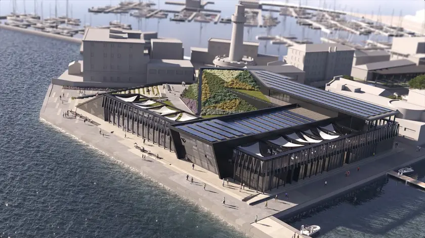 Un render della piazza sopraelevata con giardino