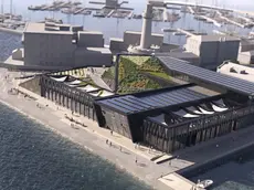 Un render della piazza sopraelevata con giardino