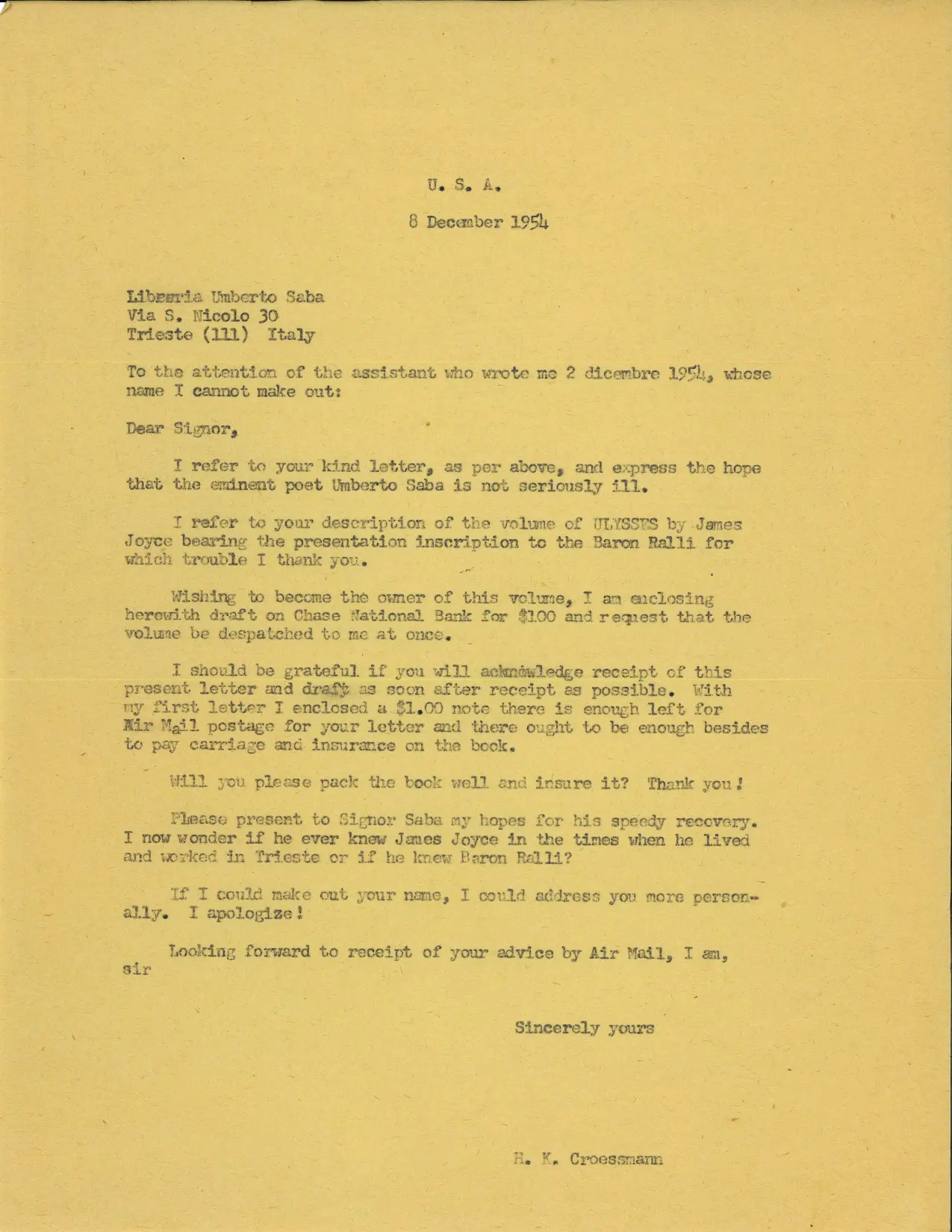 Un'altra lettera del carteggio tra la Libreria e il collezionista. Questa porta la data dell'8 dicembre 1954