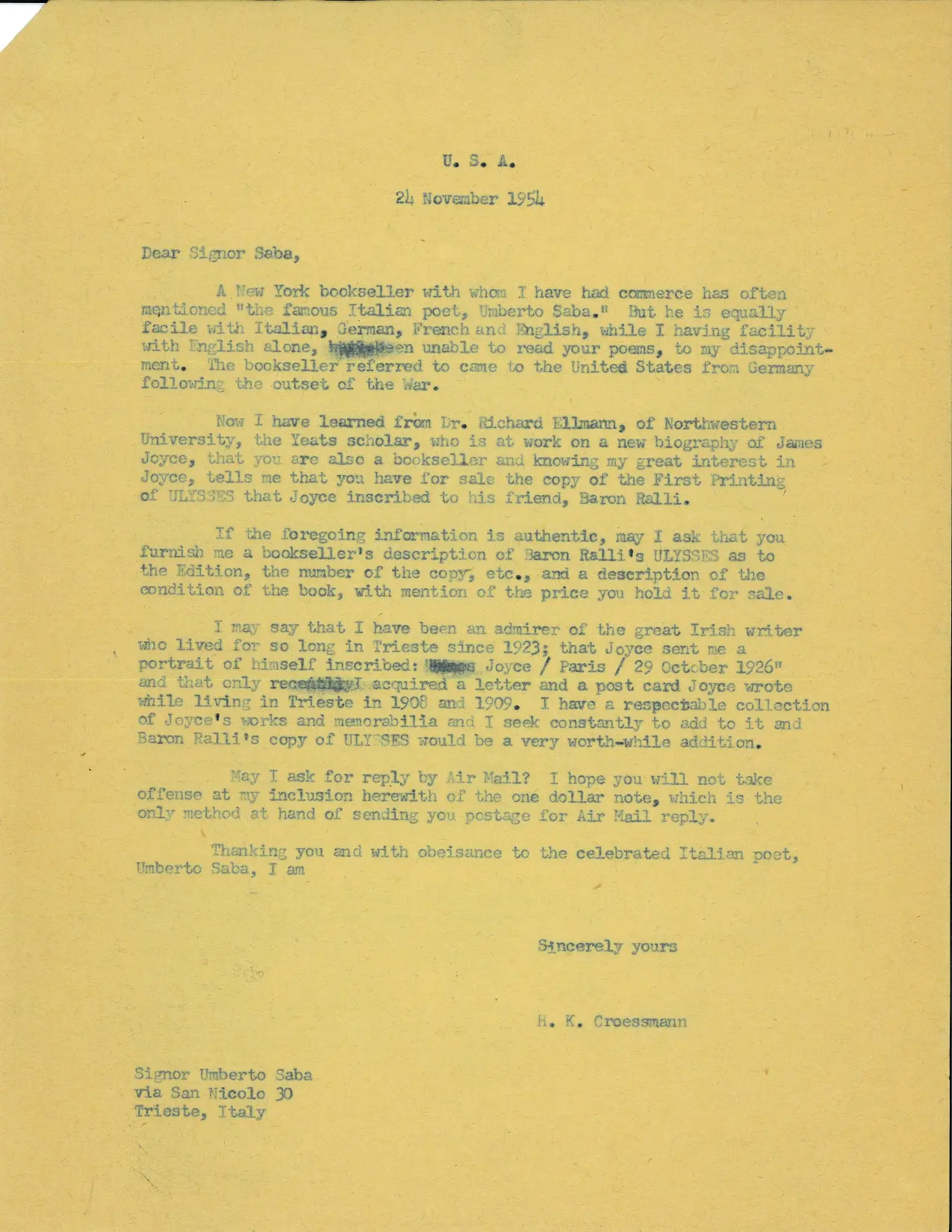 La prima lettera inviata alla Libreria Saba dal collezionista Groessmann. La data è 24 novembre 1954