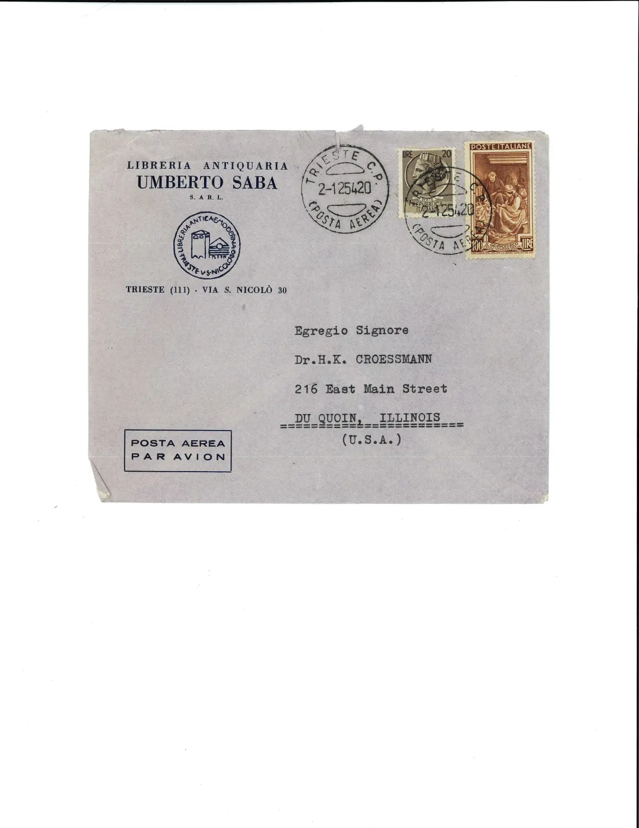 La busta del messaggio partito da Trieste alla volta dell'Illinois il 14 dicembre 1954