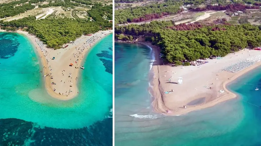 La spiaggia simbolo del Corno d’Oro (Zlatni Rat) nel suo splendore (a sinistra) e come appare ora foto Morski.hr