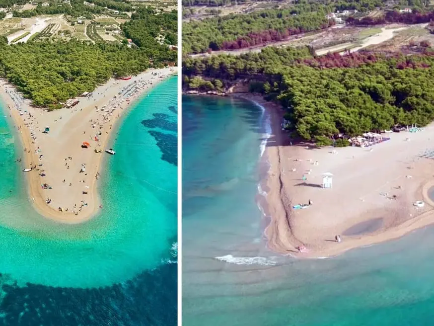 La spiaggia simbolo del Corno d’Oro (Zlatni Rat) nel suo splendore (a sinistra) e come appare ora foto Morski.hr