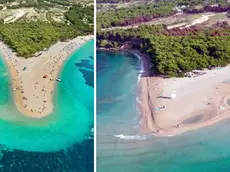 La spiaggia simbolo del Corno d’Oro (Zlatni Rat) nel suo splendore (a sinistra) e come appare ora foto Morski.hr