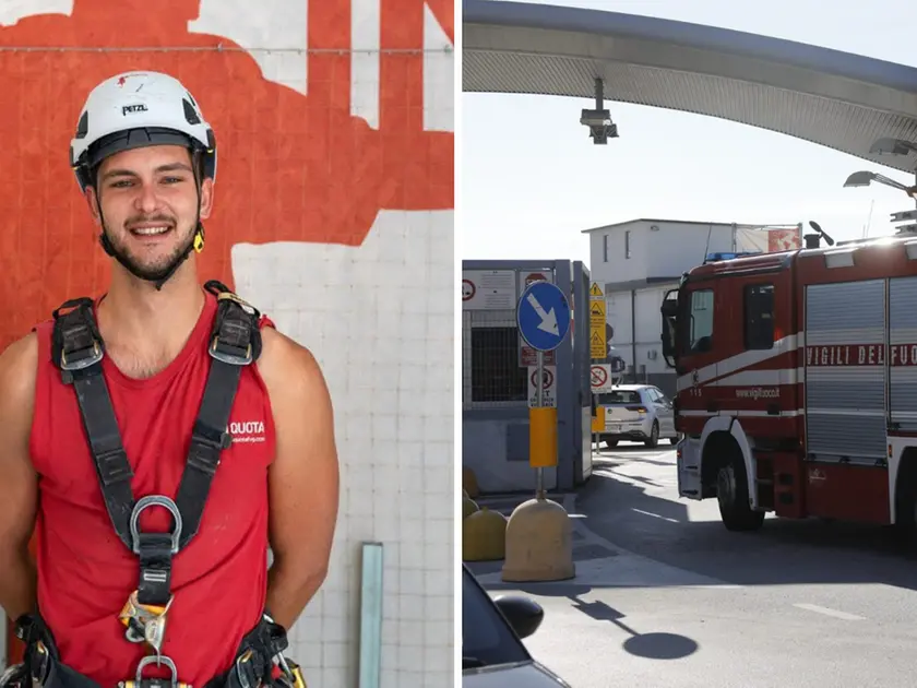 Tommaso Andreuzza in una foto tratta dal profilo Fb dell'azienda e i soccorsi in cantiere a Monfalcone (Bonaventura)